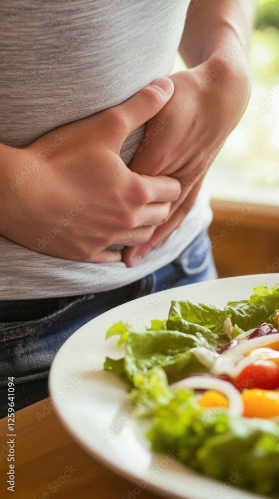 Woman suffering from stomach ache while having healthy salad lunch at home