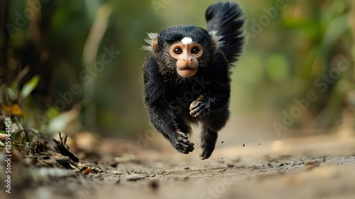 Marmoset with a white spot on its face running down a dirt road