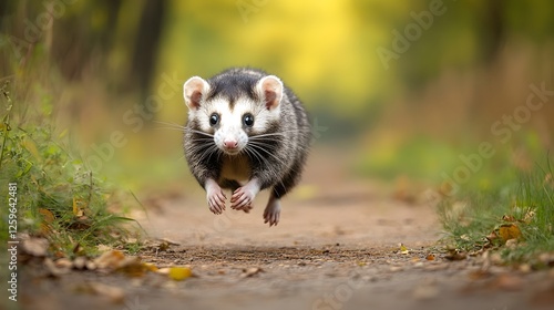 Opossum with a white spot on its face running down a dirt road