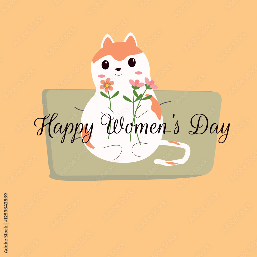 Happy women's day card. Cute white cat with flowers. Vector illustration. Happy women's day card. Cute white cat with flowers. Vector illustration.