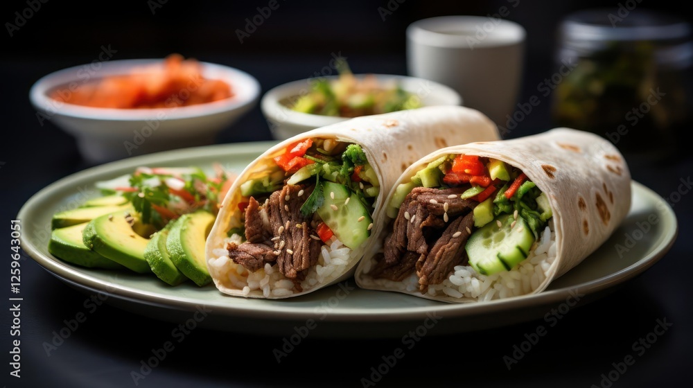 Two burritos on a plate with avocado and salsa Two burritos on a plate with avocado and salsa
