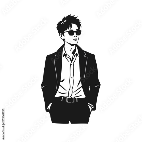 Stylish man in sunglasses and suit illustration.