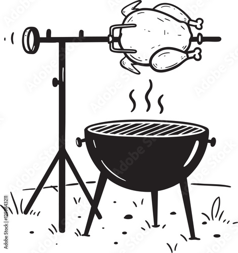  BBQ Rotisserie Chicken Illustration Vector Outline