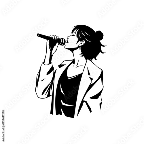 Passionate female singer holding microphone in anime-style artwork