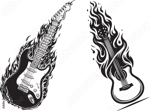  Electric & Acoustic Guitars on Fire Vector Illustration
