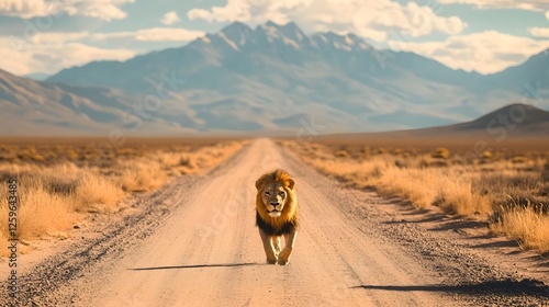 Lion walks down a dirt road in the desert