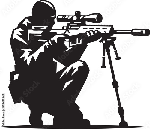  Sniper Vector Illustration - Outline of Marksman with Rifle