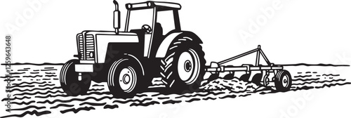  Tractor Plowing Field - Black and White Vector Illustration