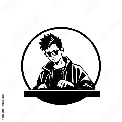 Music producer in sunglasses playing keyboard illustration.