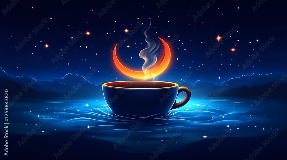 A Crescent Moon Above A Steaming Cup Of Coffee At Night A Crescent Moon Above A Steaming Cup Of Coffee At Night