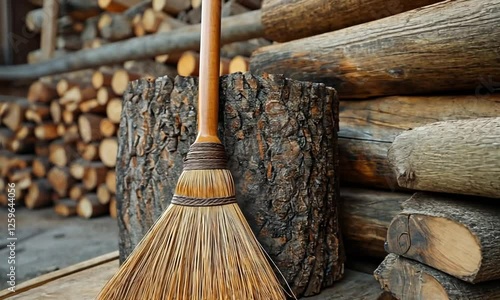 Wallpaper Mural A rustic broom resting against a log in a cozy wooden cabin, surrounded by stacked firewood Torontodigital.ca