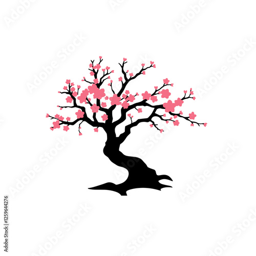 Cherry blossom tree with twisted trunk and pink flowers