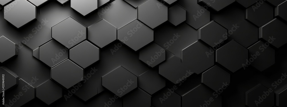 Minimalist abstract hexagonal pattern on a black background. Banner template with white space for text, perfect for modern and professional design uses. Minimalist abstract hexagonal pattern on a black background. Banner template with white space for text, perfect for modern and professional design uses.