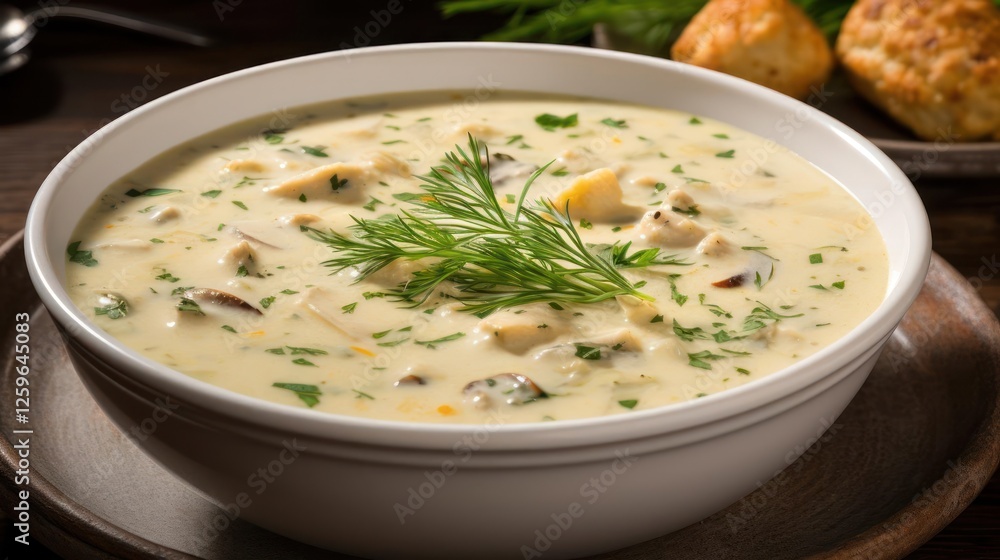 A bowl of creamy soup with herbs on top A bowl of creamy soup with herbs on top