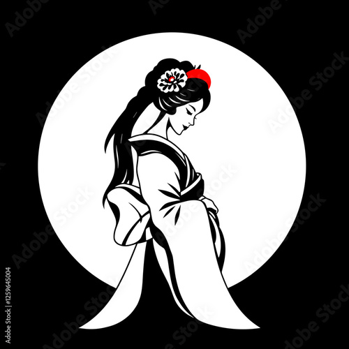 Elegant geisha in traditional kimono with a white circle.