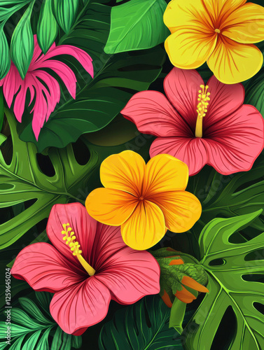 Wallpaper Mural Vibrant tropical seamless pattern featuring hibiscus, bird of paradise flowers, and palm leaves on a yellow background. Perfect for wallpapers, textiles, and summer-themed designs. Torontodigital.ca