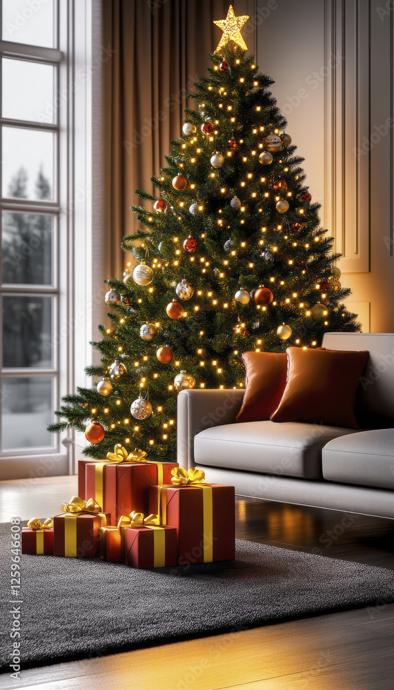beautifully decorated Christmas tree adorned with lights and ornaments stands next to cozy sofa, surrounded by festive gifts. warm ambiance creates joyful holiday atmosphere beautifully decorated Christmas tree adorned with lights and ornaments stands next to cozy sofa, surrounded by festive gifts. warm ambiance creates joyful holiday atmosphere