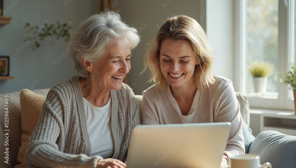 A smiling mother and daughter enjoy quality time together, sitting closely on a cozy couch while browsing on a laptop in a warmly lit home. A smiling mother and daughter enjoy quality time together, sitting closely on a cozy couch while browsing on a laptop in a warmly lit home.