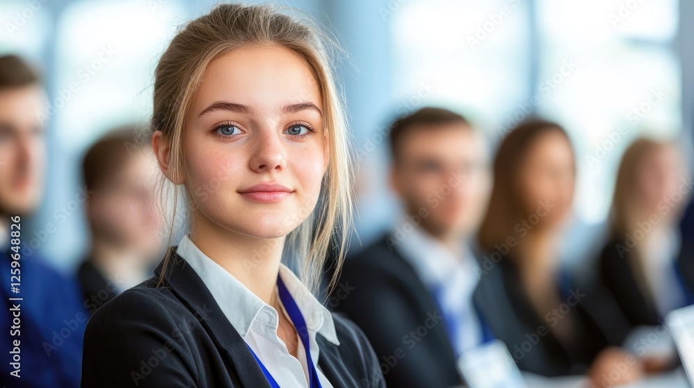 Young businesswoman in a conference, looking at the camera with colleagues blurred in the background. Young businesswoman in a conference, looking at the camera with colleagues blurred in the background.