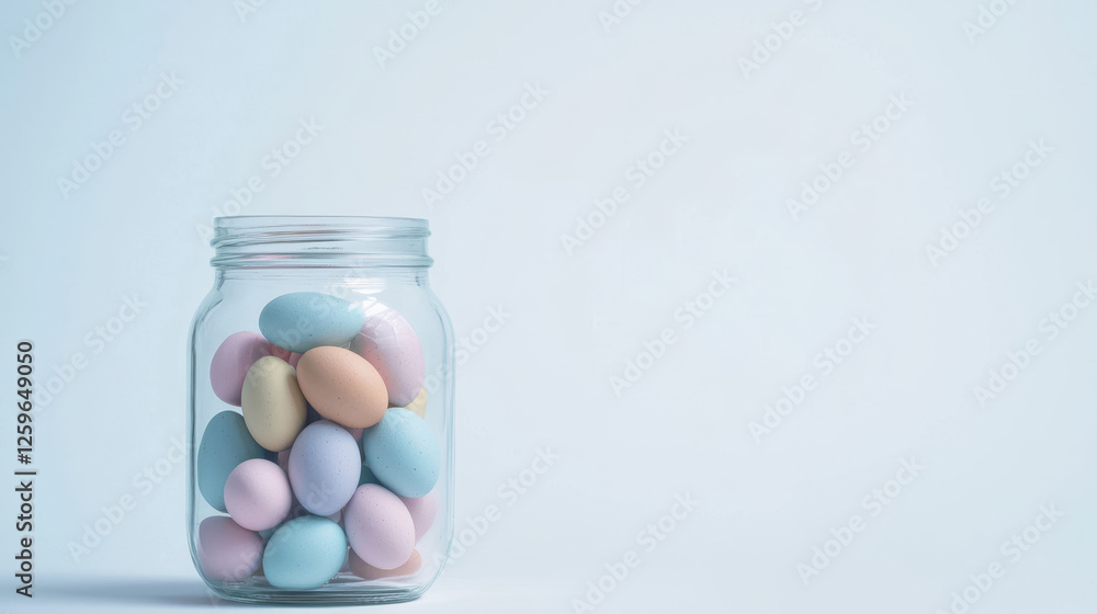 glass jar filled with pastel colored Easter eggs on light background glass jar filled with pastel colored Easter eggs on light background