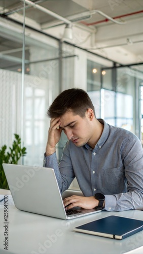 Frustrated young businessman looking at laptop in office