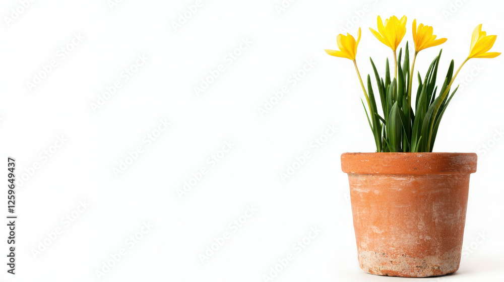 rustic clay pot with fresh yellow flowers and green leaves rustic clay pot with fresh yellow flowers and green leaves