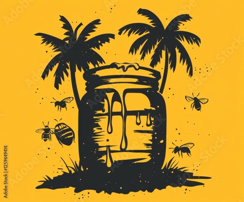 Vector image honey jar island tiki dripping honey bees photo