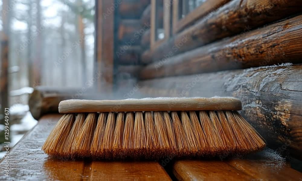 Close-up of a wooden broom resting on a log cabin porch amidst a snowy forest backdrop Close-up of a wooden broom resting on a log cabin porch amidst a snowy forest backdrop