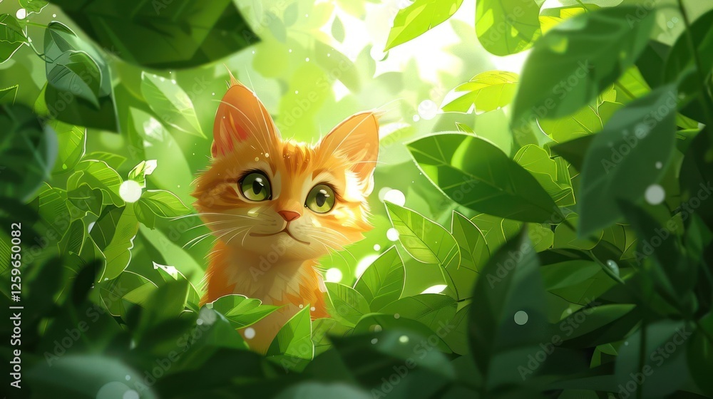 A curious orange kitten peeks through lush green leaves, capturing a whimsical moment in nature. A curious orange kitten peeks through lush green leaves, capturing a whimsical moment in nature.