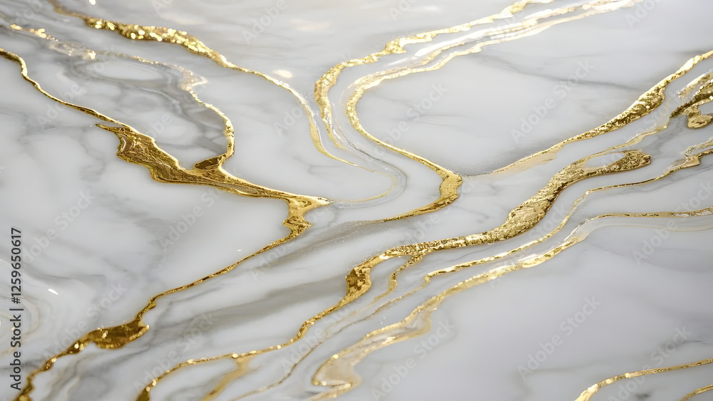 Fototapeta premium Minimalist white and gold marble texture with elegant swirls for background