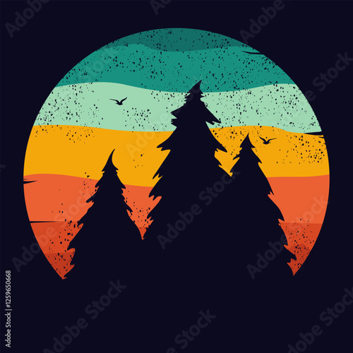 Retro sunset forest. 80s style grunge striped sunsets.Tourism or travel concept, adventure logo. Vector illustration. 