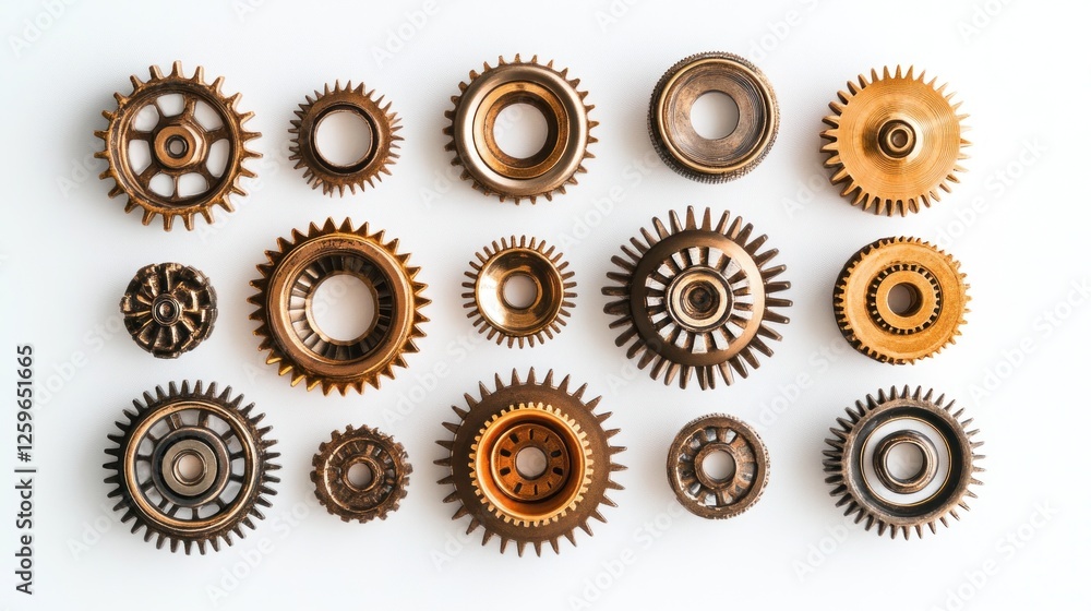 Assorted gears on white background; mechanism concept Assorted gears on white background; mechanism concept