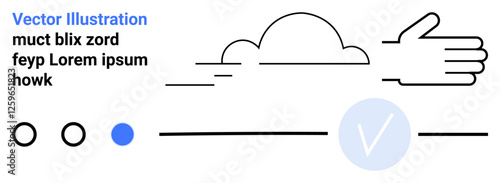 Schematic hand gesture reaching towards cloud, check mark icon, and three dots. Ideal for concepts of simplicity, approval, guidance, clarity, acceptance minimalism productivity. Landing page