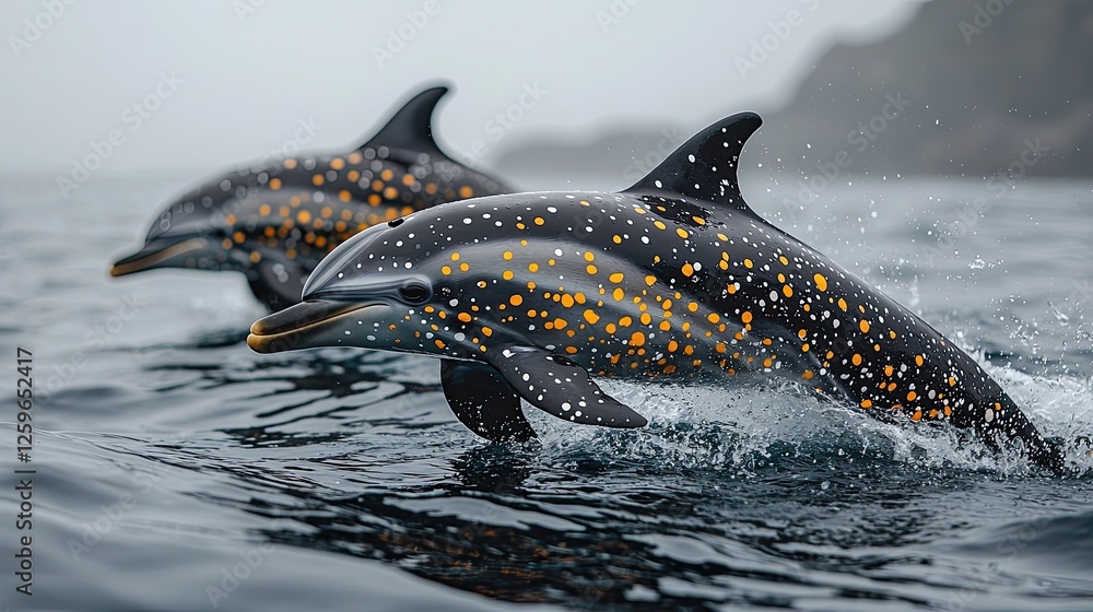 Obraz premium Two dolphins with distinctive patterns leap from the ocean surface in a misty coastal setting