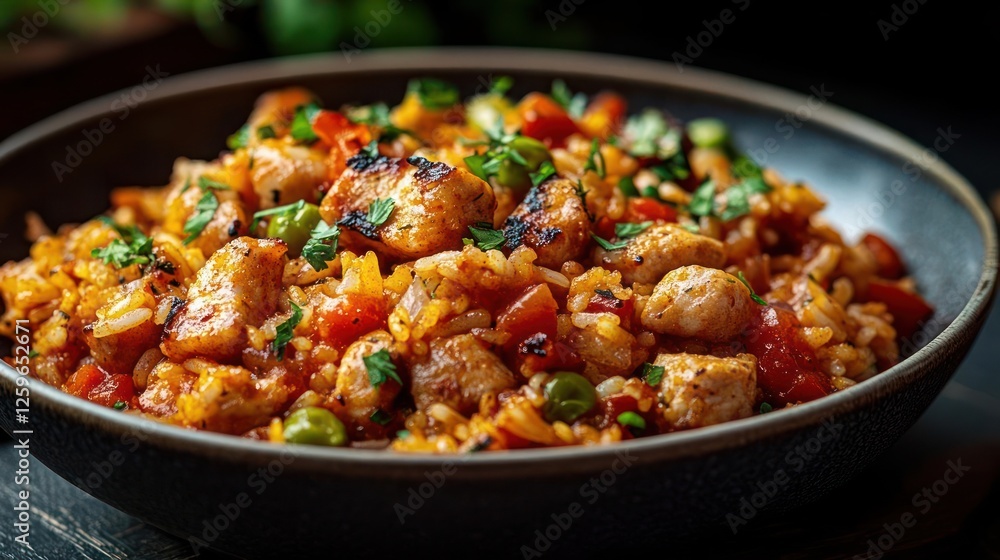 bowl of paella with chicken and vegetables bowl of paella with chicken and vegetables