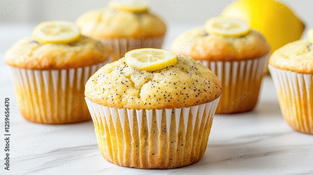 Lemon Poppy Seed Muffins on Marble Surface; Close-up. Possible use Food photography for recipe sites Lemon Poppy Seed Muffins on Marble Surface; Close-up. Possible use Food photography for recipe sites