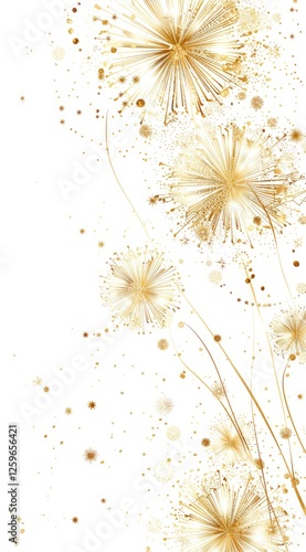 Watercolor gold fireworks bursting in sky, isolated on transparent background