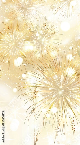 Watercolor gold fireworks bursting in sky, isolated on transparent background