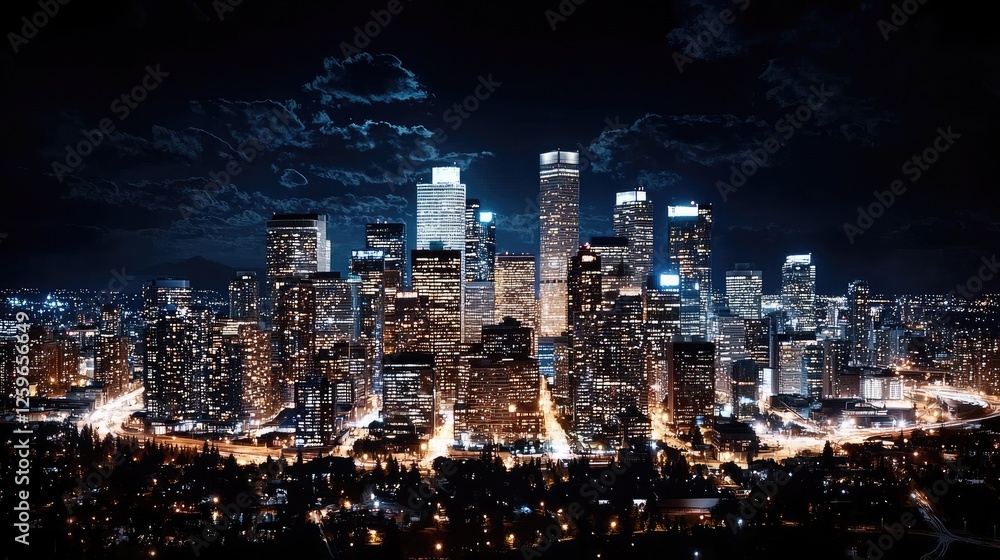Fototapeta premium Night city lights skyline view, urban scene, aerial perspective, background use