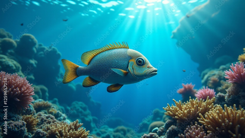 A fish swims in crystal-clear waters, its vibrant colors glistening under the sun. The vibrant and alive atmosphere celebrates the beauty and diversity of marine ecosystems, highlighting the need to p A fish swims in crystal-clear waters, its vibrant colors glistening under the sun. The vibrant and alive atmosphere celebrates the beauty and diversity of marine ecosystems, highlighting the need to p
