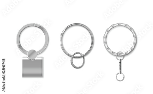 Key chain ring set of metallic accessories - double circle holder, pendant with decorative chain link, textured band with rectangular plate. Silver mockup collection for brand identity design.