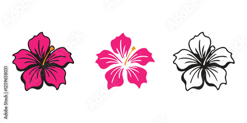  Hibiscus icon silhouette floral sigh isolated. Aloha beach symbol tropical flower exotic hibiscus bloom. Single flower icon and logo