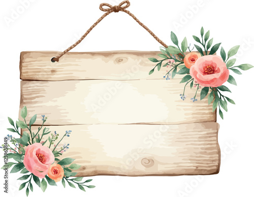 Rustic wooden signboard with floral decoration and empty space	