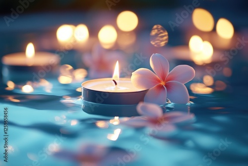 Candles and flowers floating on water, a relaxing spa background with soft focus, close-up, high-resolution photography, professional color grading
