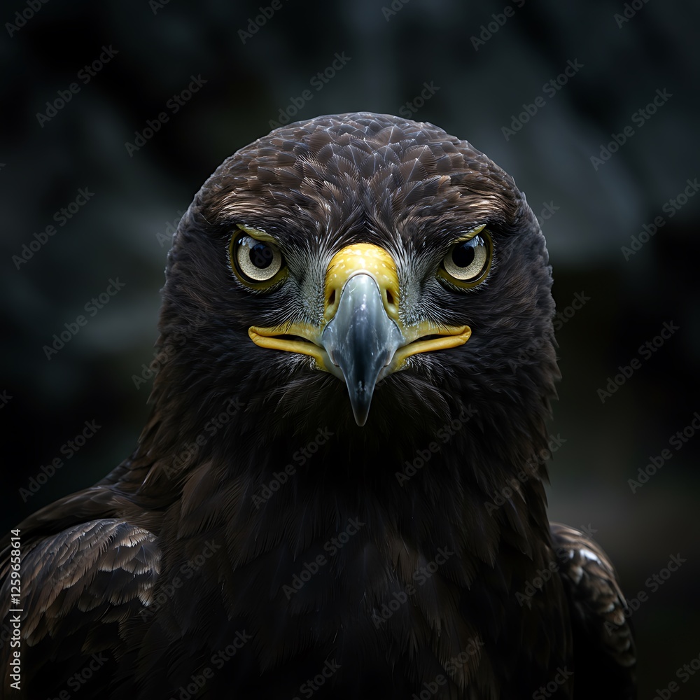 Fototapeta premium Powerful Eagle Closeup Portrait Dark Feathers Intense Gaze