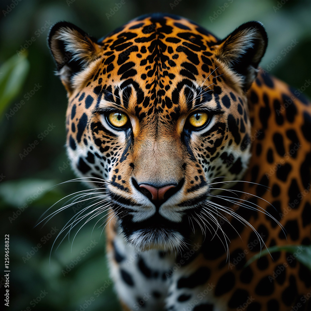 Intense Jaguar with Piercing Gaze Against Natural Habitat Intense Jaguar with Piercing Gaze Against Natural Habitat