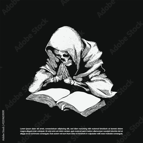 Vintage dark art skeleton wearing cloak reading a book vector isolated on black background