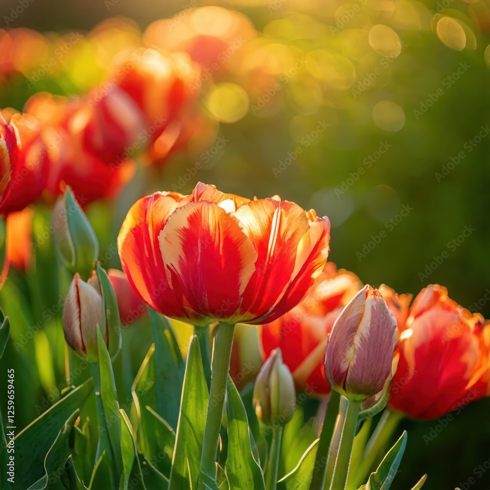 Fototapeta premium Close-up of vibrant red and orange tulips bathed in warm sunlight. Petals exhibit a striking blend of colors, creating a visually appealing contrast against the soft green background.