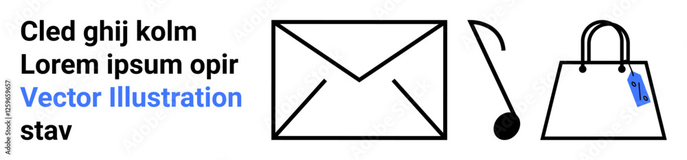 Envelope, musical note, and handbag with attached blue price tag in clean, minimalist design. Ideal for communication, music, shopping, e-commerce, retail marketing branding flat landing page Envelope, musical note, and handbag with attached blue price tag in clean, minimalist design. Ideal for communication, music, shopping, e-commerce, retail marketing branding flat landing page