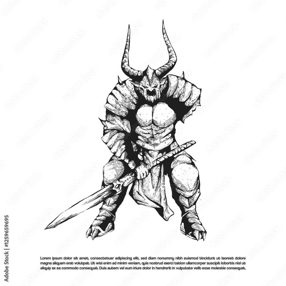 Hand drawn a strong samurai monster holding a sword with one severed hand vector Hand drawn a strong samurai monster holding a sword with one severed hand vector